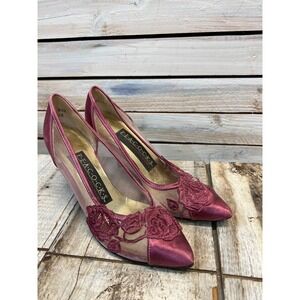 Vintage Peacocks Mauve Satin Mesh Floral Lace Pointed Toe Kitten Heels Size 6‎